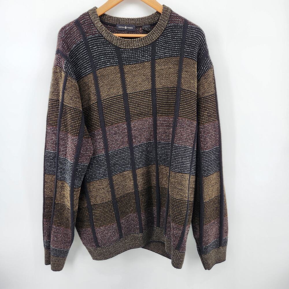 Cotton Traders Men's XL Tall Sweater Brown Black Plaid Acrylic Wool Blend